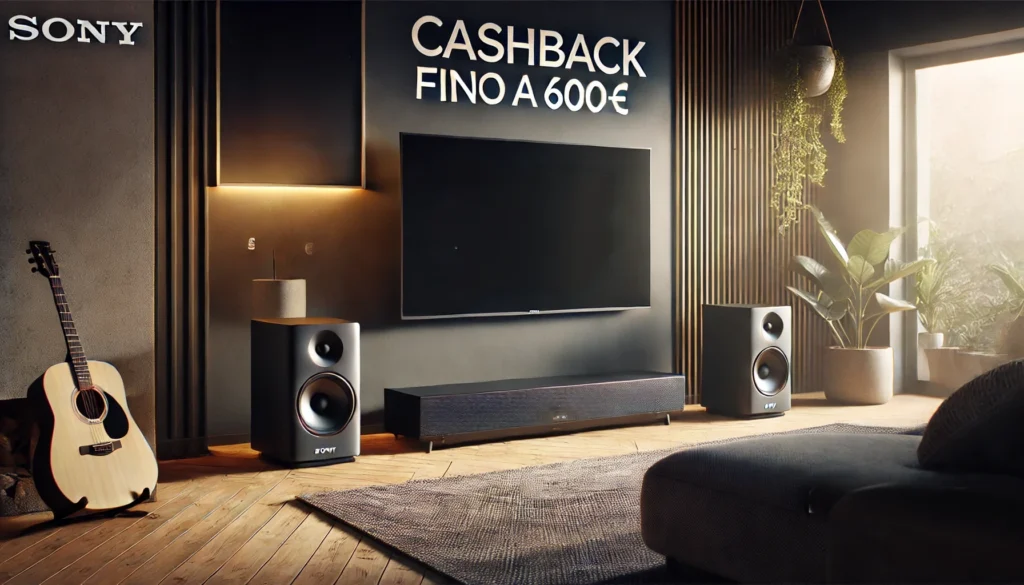 A promotional image for Sony's Cashback campaign featuring Soundbar Series A. 