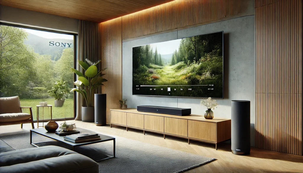 A realistic, sophisticated living room setting featuring a high-quality Sony soundbar beneath a large wall-mounted TV. 