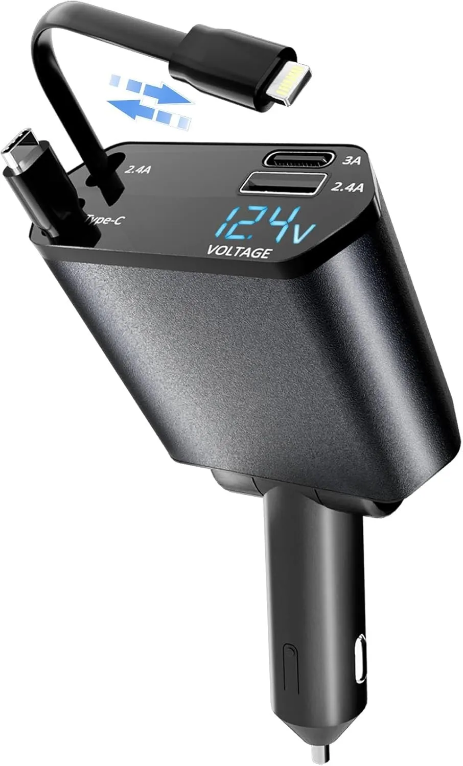 Caricatore Auto USB-C 4 in 1, 100W Retrattile con 2 Cavi e 2 Porte USB, Adattatore Accendisigari per Veicoli 12/24V