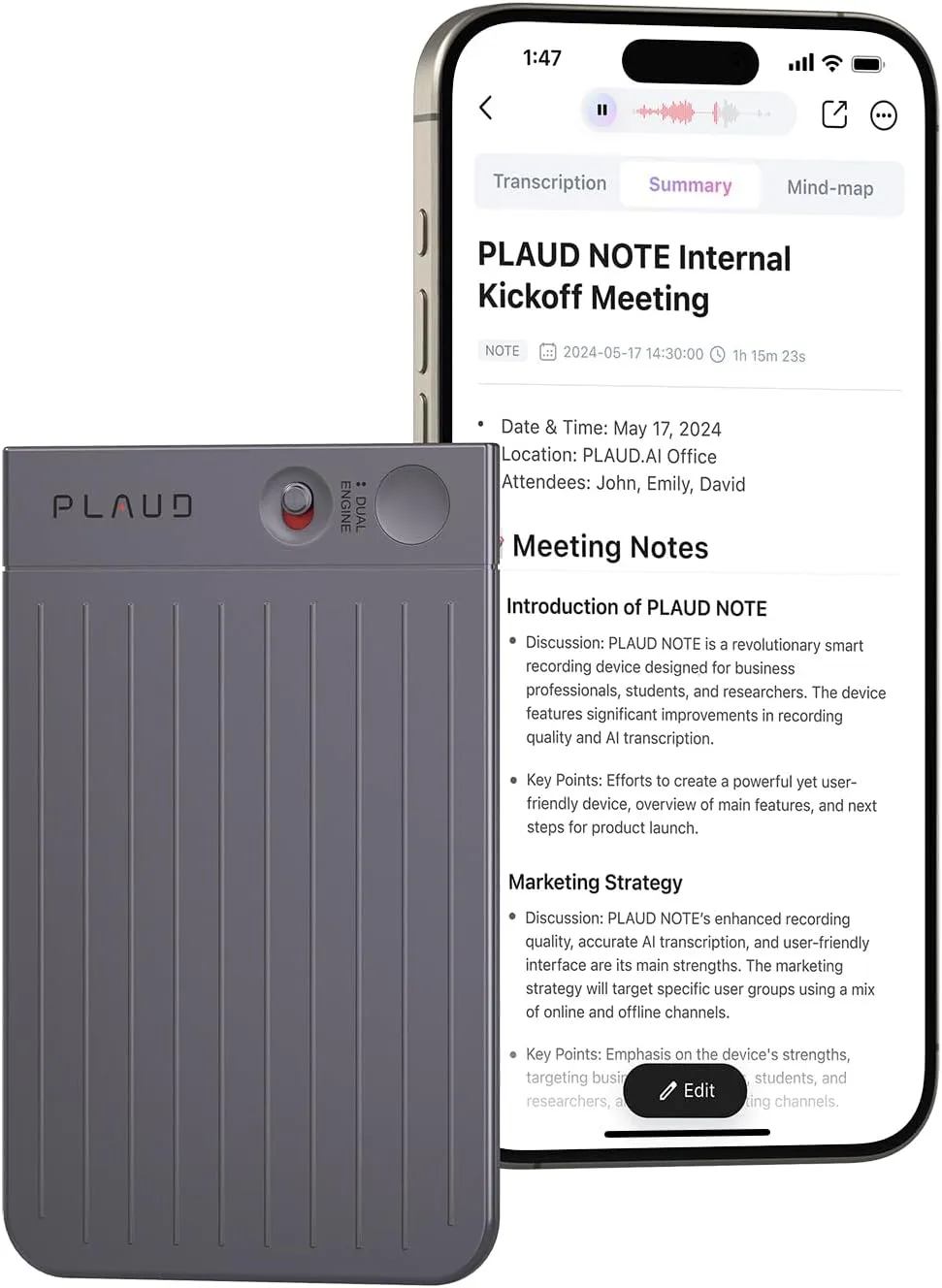 PLAUD NOTE Registratore Vocale AI 64GB – Trascrizioni in 112 Lingue, App Controllo, Perfetto per Riunioni e Lezioni