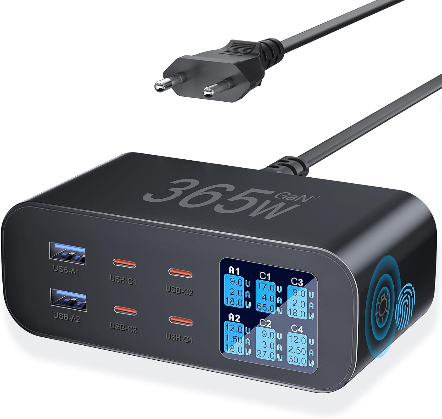 Caricatore multiplo USB-C 6 porte 365W LED