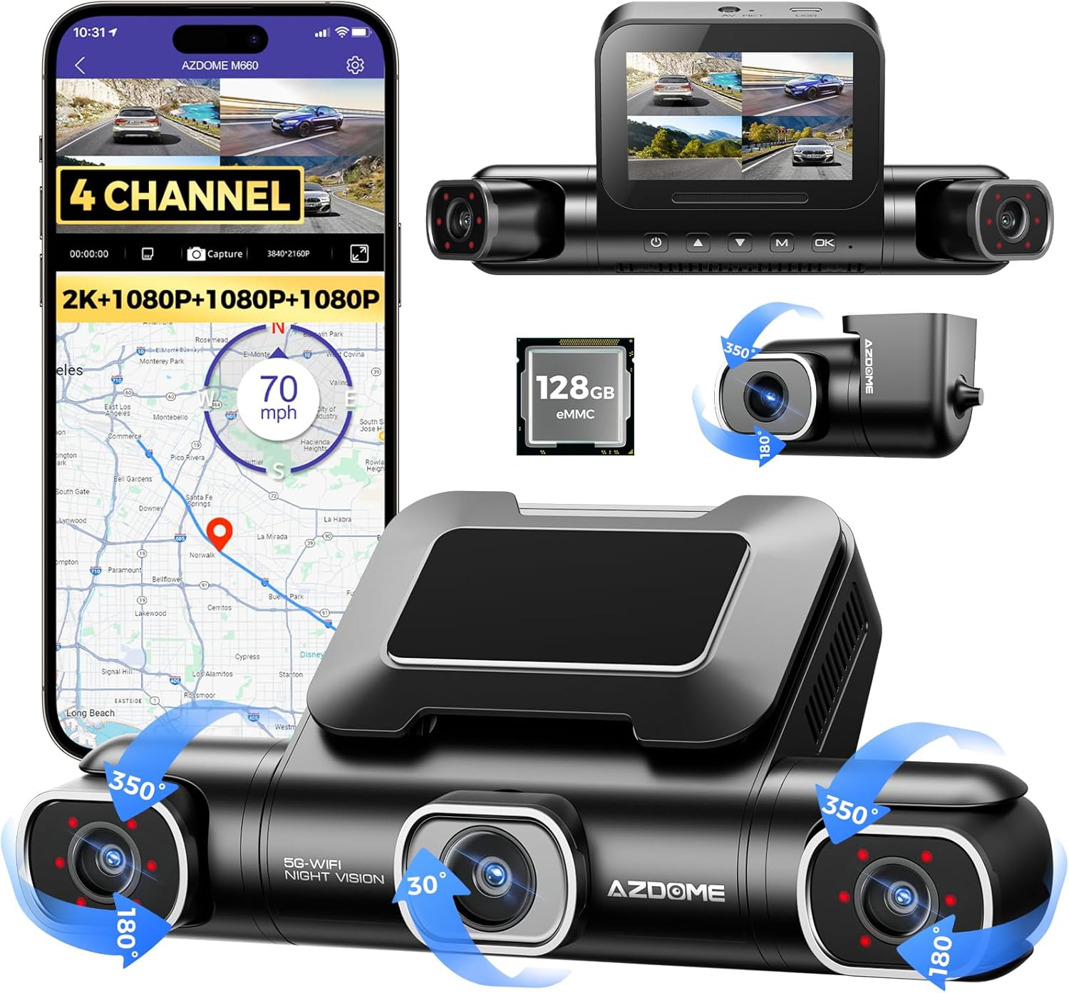 Dash Cam 4 Canali 360° Visione Totale Auto