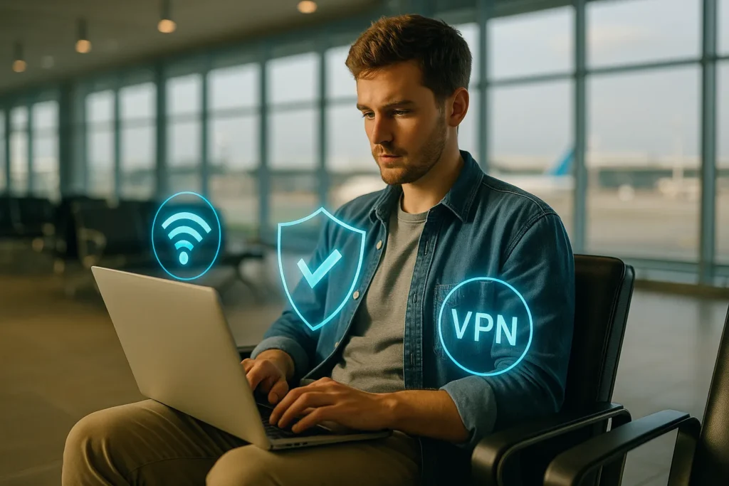 A young traveler in an airport lounge using a laptop with a secure connection