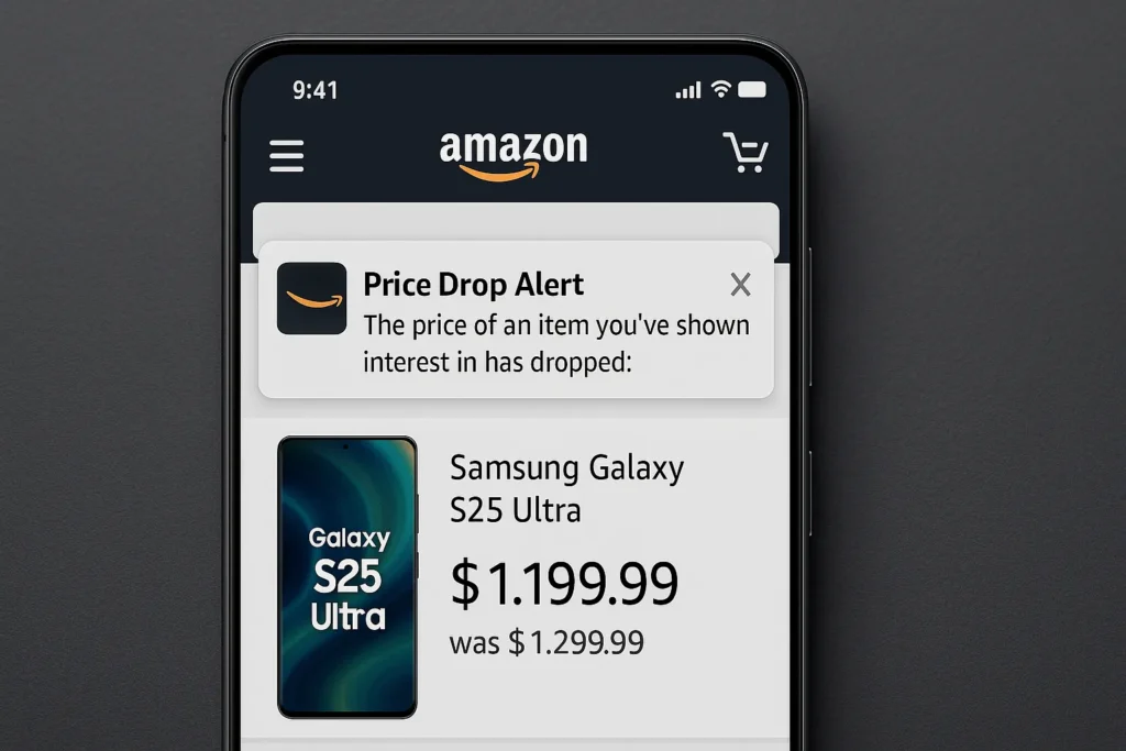 Amazon shopping app interface showing Samsung Galaxy S25 Ultra