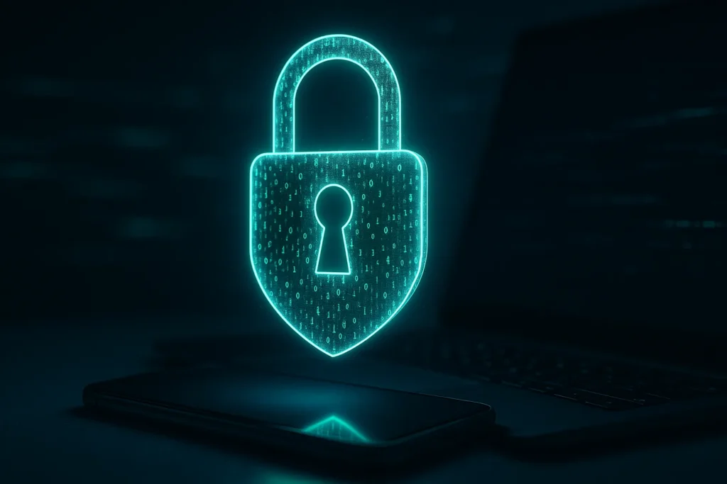 Close-up of a glowing padlock made of digital code floating over a smartphone and a laptop