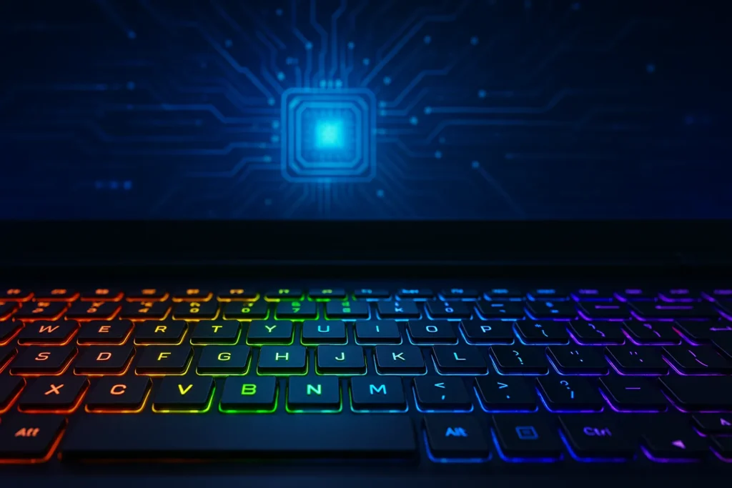 Close-up of a powerful gaming laptop keyboard with colorful RGB backlighting