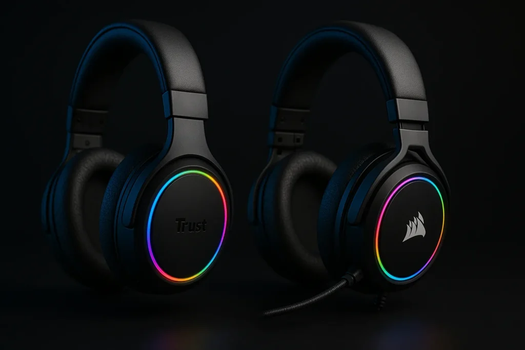 Close-up of wireless and wired gaming headphones