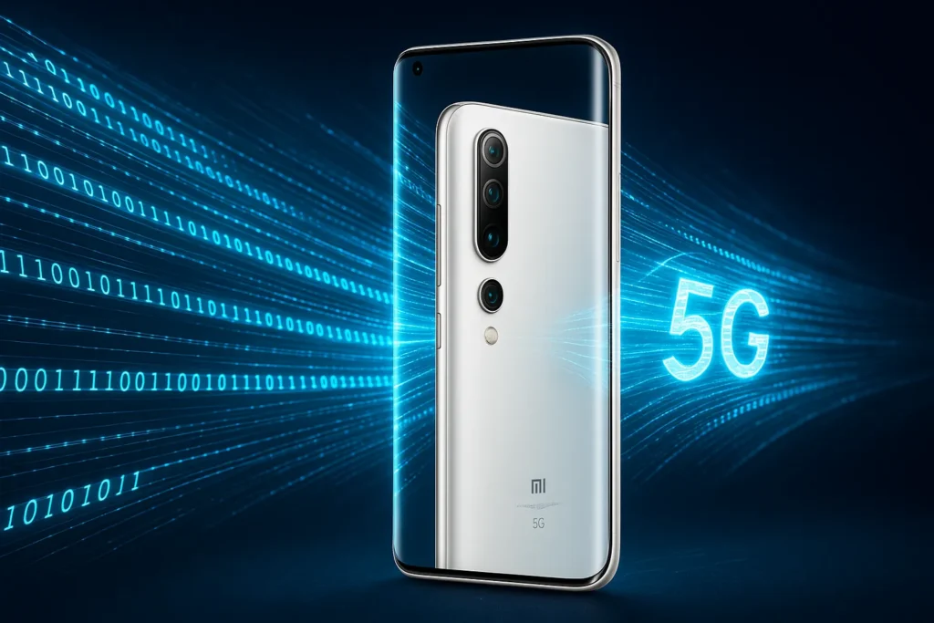 Conceptual image of fast 5G technology connectivity symbolized with Xiaomi Mi 10 Pro