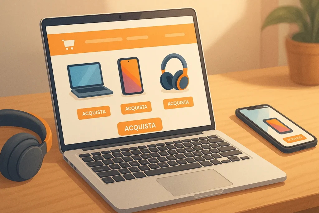 Cozy tech desk in laptop with open shopping site, offerte fino al 70%