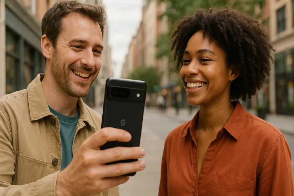 Due persone sorridenti, una con in mano il Pixel 9