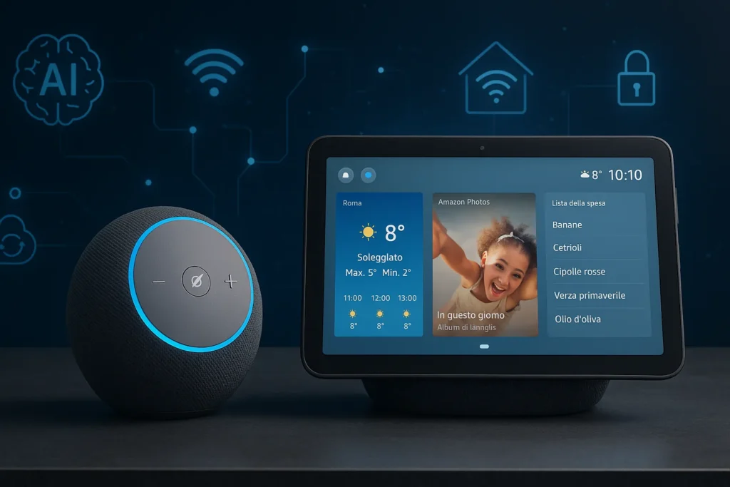 Echo Dot Max, Echo Show 8 insieme su un tavolo elegante