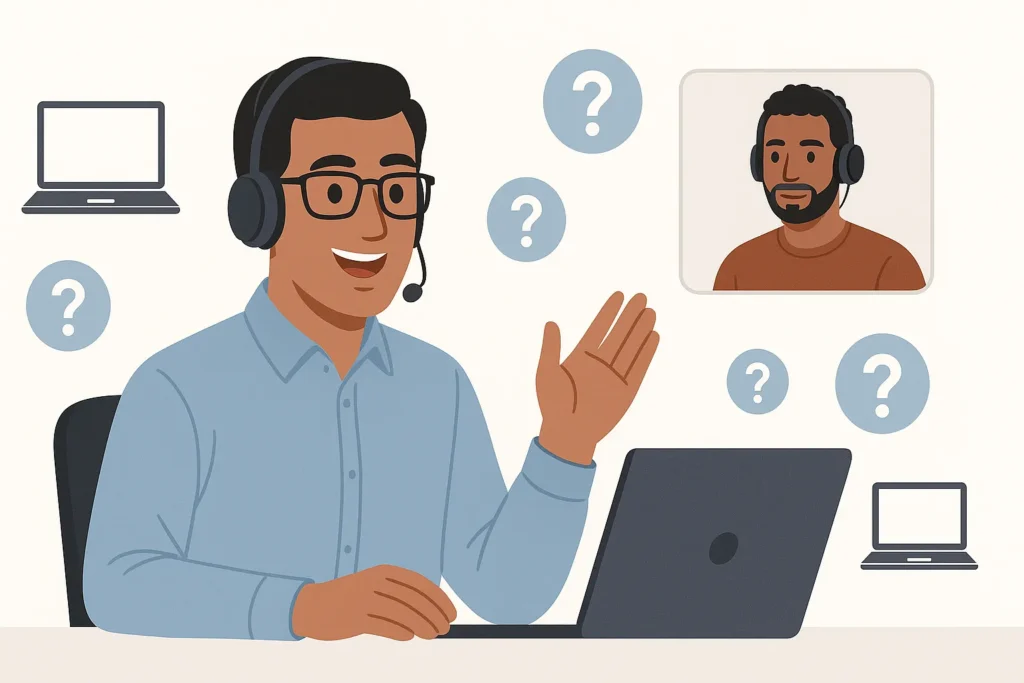 Friendly tech support agent talking to a gamer via video call