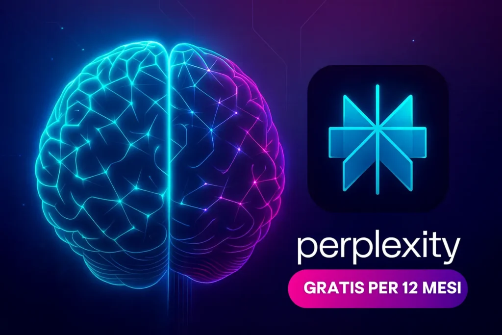 Futuristic AI concept with glowing neural network and digital brain. Perplexity Pro gratis con PayPal