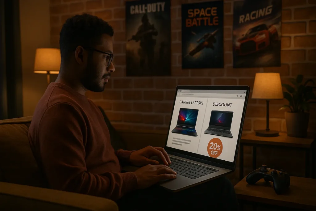 Gamer shopping online on a laptop