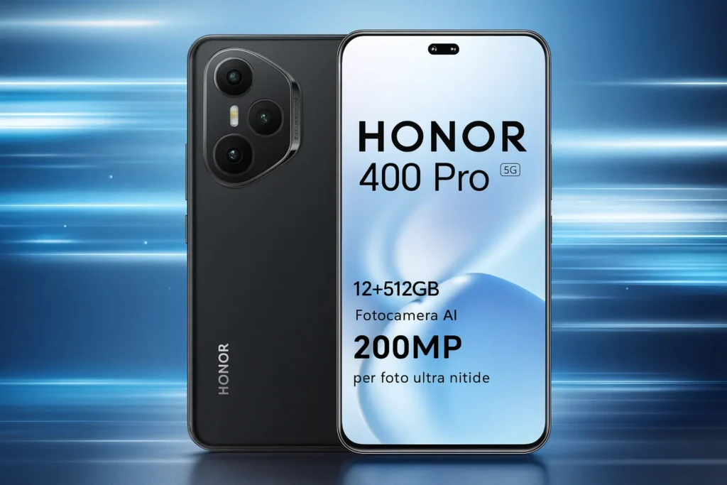 HONOR 400 Pro smartphone su sfondo dinamico hi-tech blu e argento