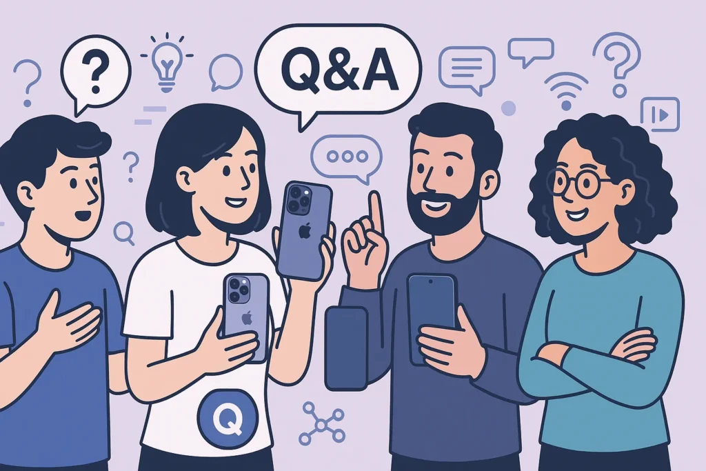 APPLE IPHONE 15 PRO nel 2025 – Ha ancora senso? Offerte, innovazioni e consigli 7 Illustration of people discussing smartphones, tech community