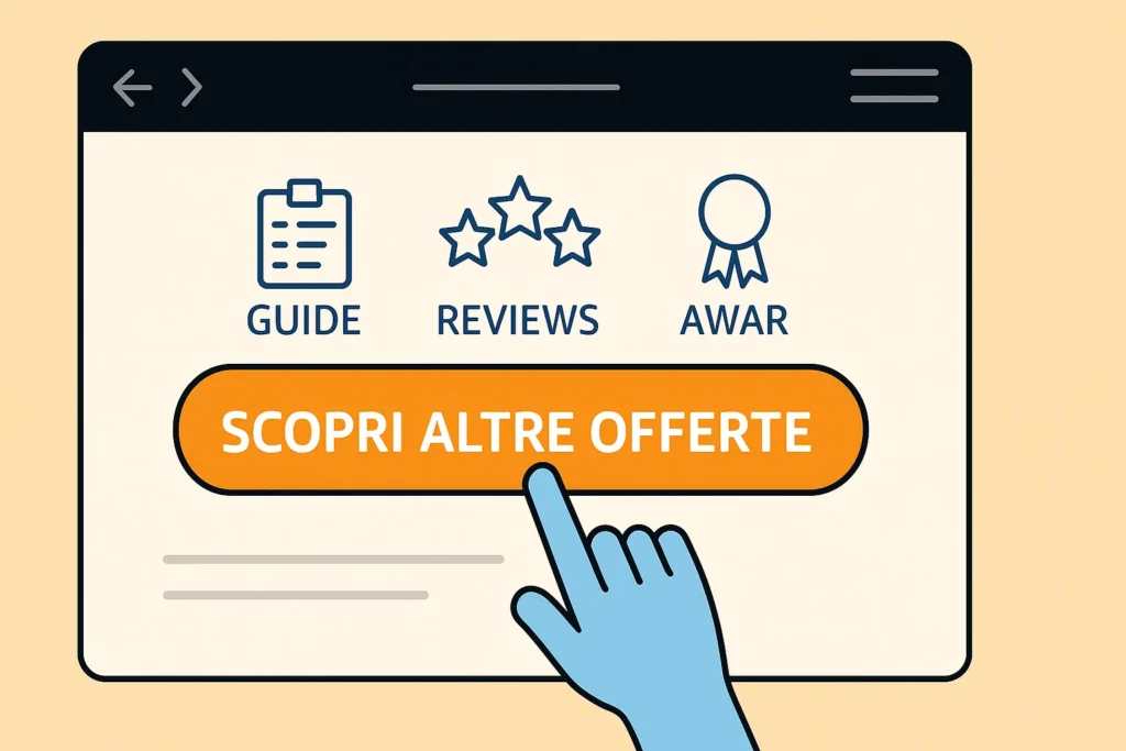 Illustrazione minimalista una mano che clicca un grande pulsante “Scopri altre offerte”