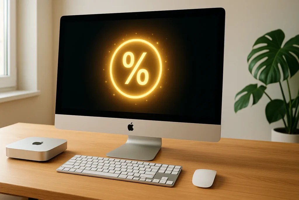 Mac Mini on a stylish work desk with keyboard and monitor