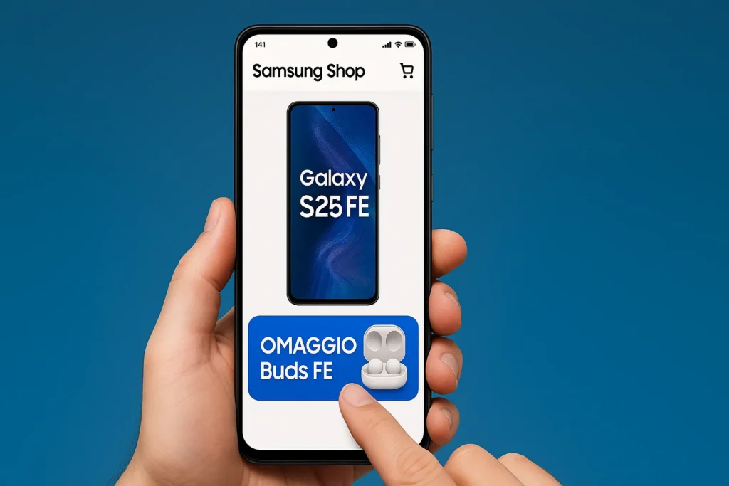 Mano umana che attiva da smartphone l’app Samsung Shop con Galaxy S25 FE