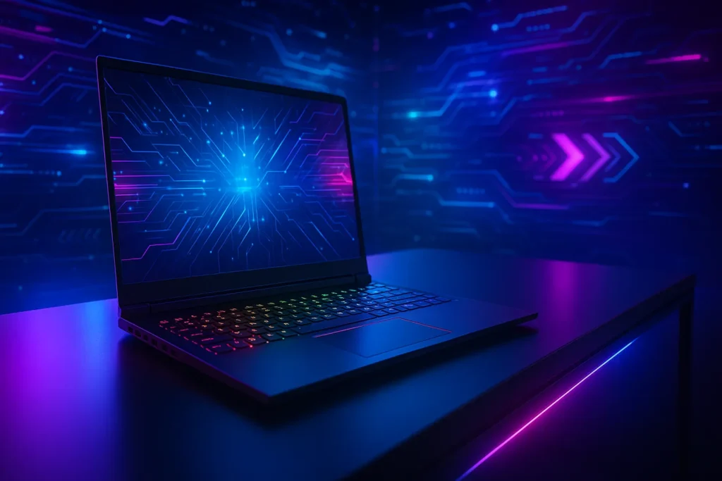 Migliori laptop gaming - Modern gaming laptop on a sleek desk with vibrant RGB lighting