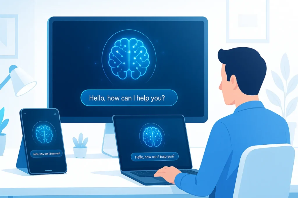 Modern workspace with AI assistant on multiple screens