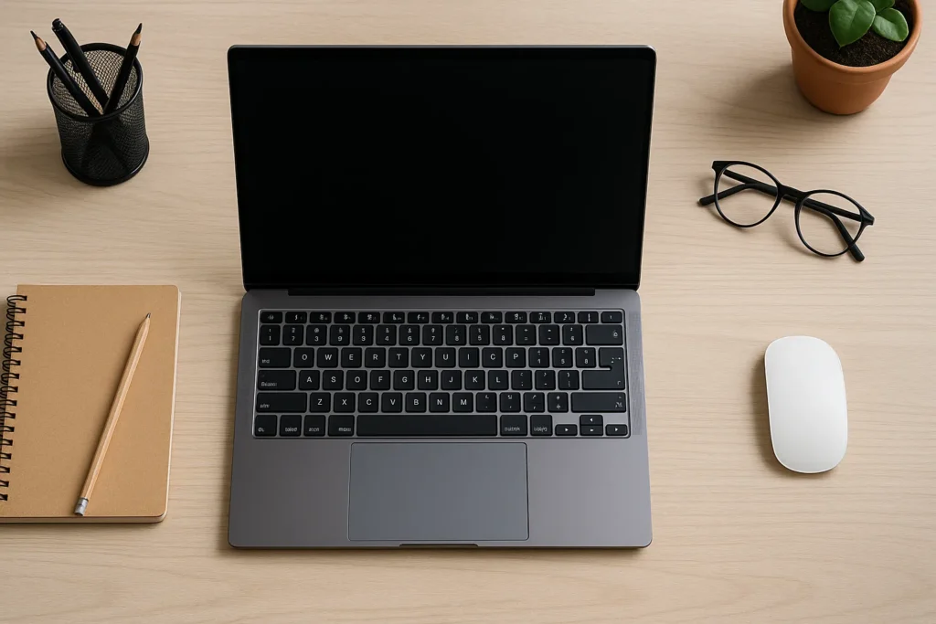 Notebook ultra leggero sottile e moderno su scrivania minimalista