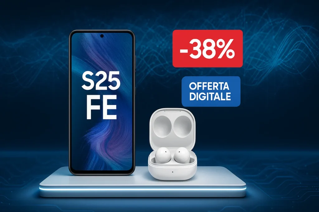 Samsung Galaxy S25 FE accanto a cuffiette wireless Galaxy Buds3 FE