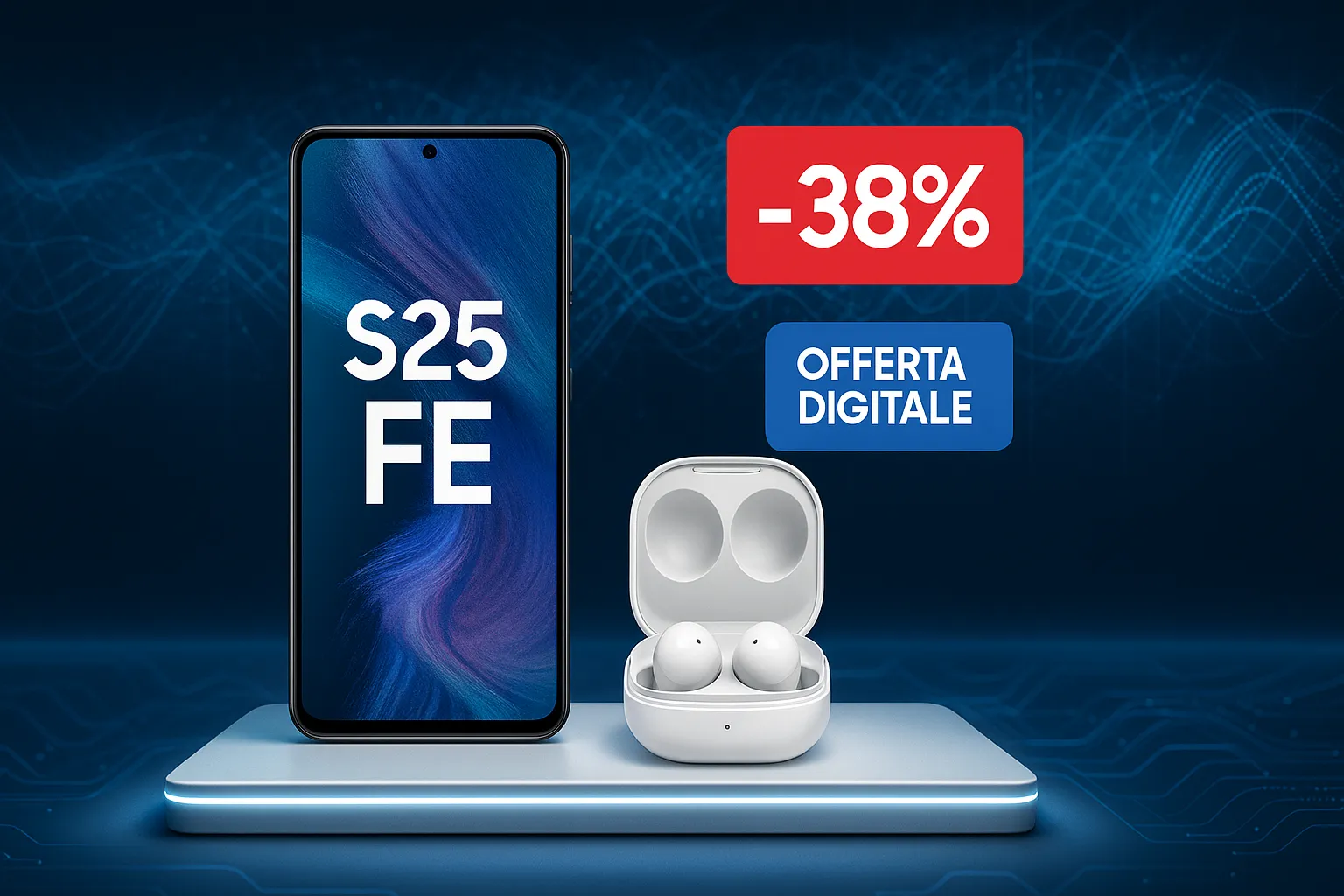 Samsung Galaxy S25 FE accanto a cuffiette wireless Galaxy Buds3 FE