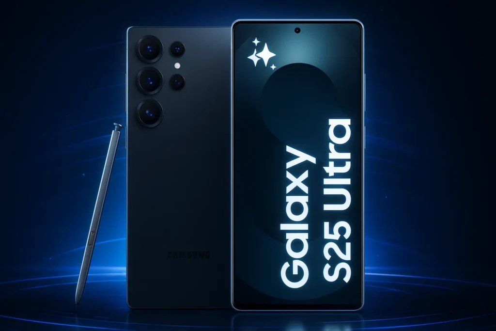 Samsung Galaxy S25 Ultra smartphone sleek design glowing with subtle blue lighting