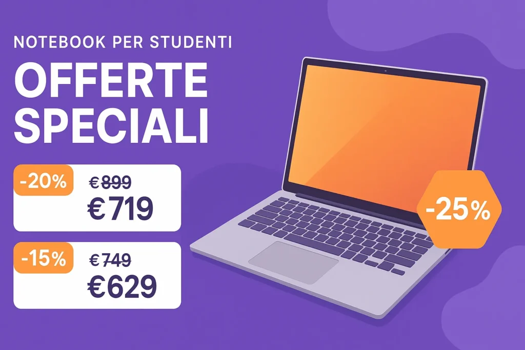 Schermata di sito web con offerte speciali su notebook per studenti