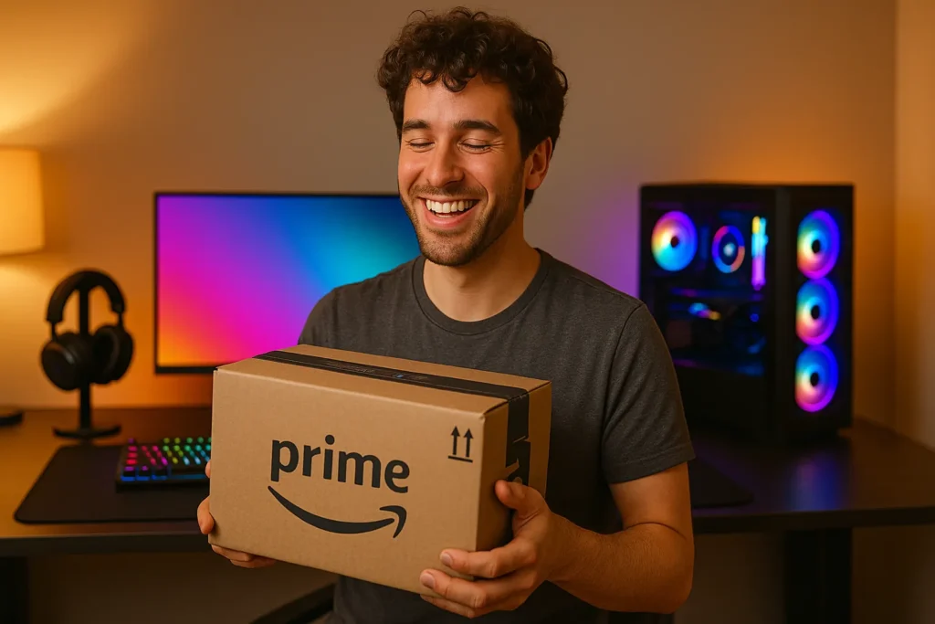 Smiling gamer receiving a gaming package at home with Amazon Prime