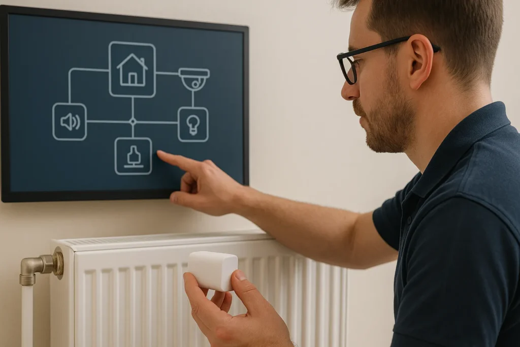 Tecnico smart che installa sensore intelligente su termosifone
