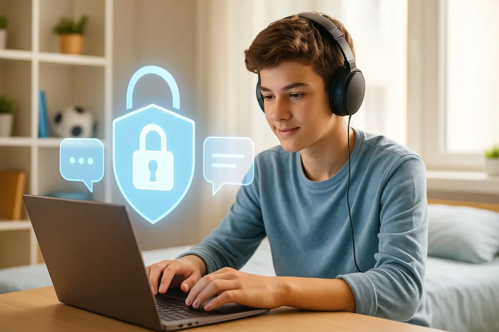 Un adolescente con cuffie e laptop