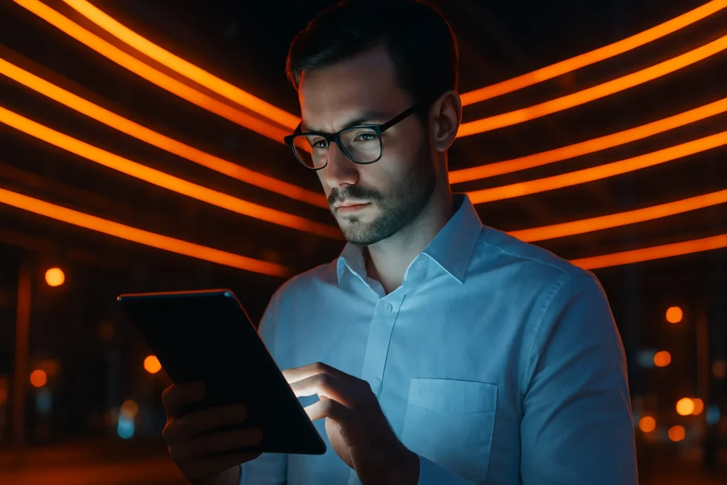 Un uomo in camicia bianca e occhiali osserva concentrato un tablet di notte