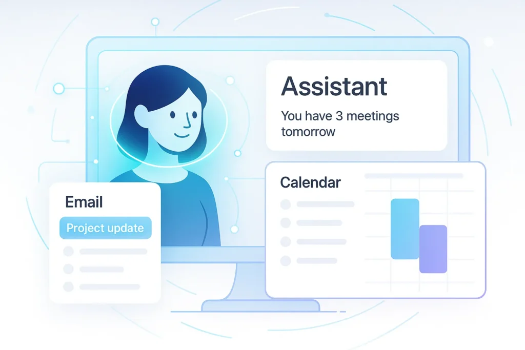 Virtual assistant managing emails and calendars in a futuristic UI