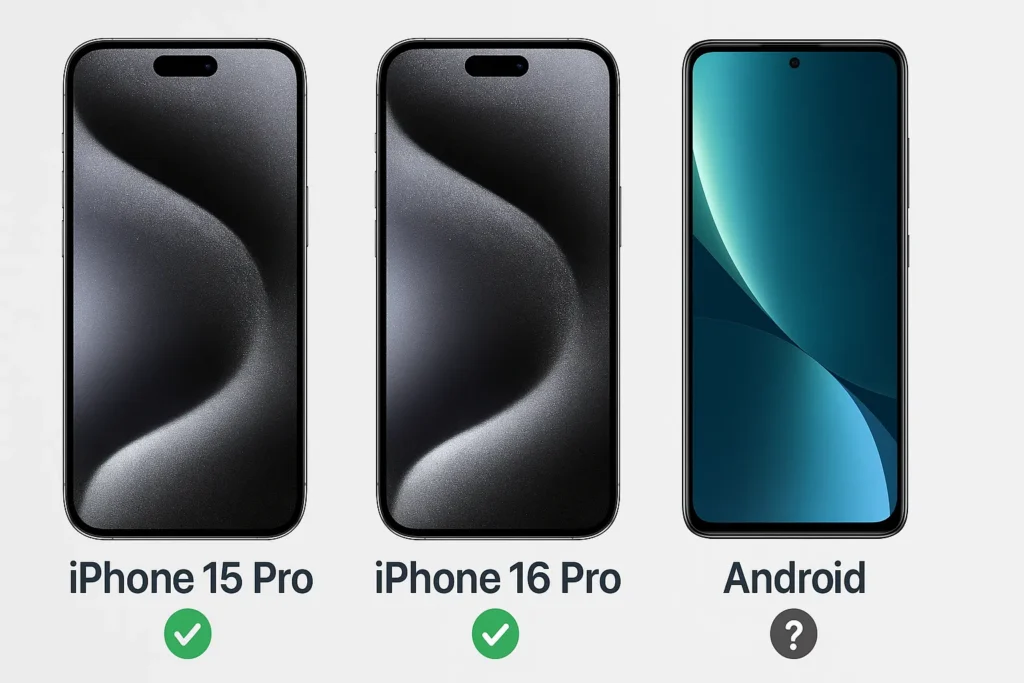 APPLE IPHONE 15 PRO nel 2025 – Ha ancora senso? Offerte, innovazioni e consigli 6 Visual comparison of iPhone 15 Pro, iPhone 16 Pro and an Android smartphone