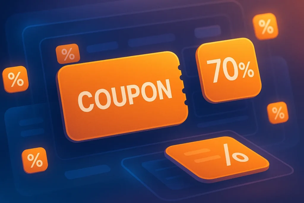 coupon or voucher concept: floating digital coupon icons, percentage signs (like 70%)
