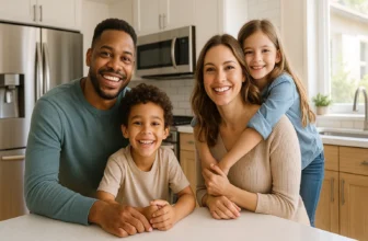 famiglia felice per il Bonus Elettrodomestici 2025 in casa moderna con elettrodomestici nuovi