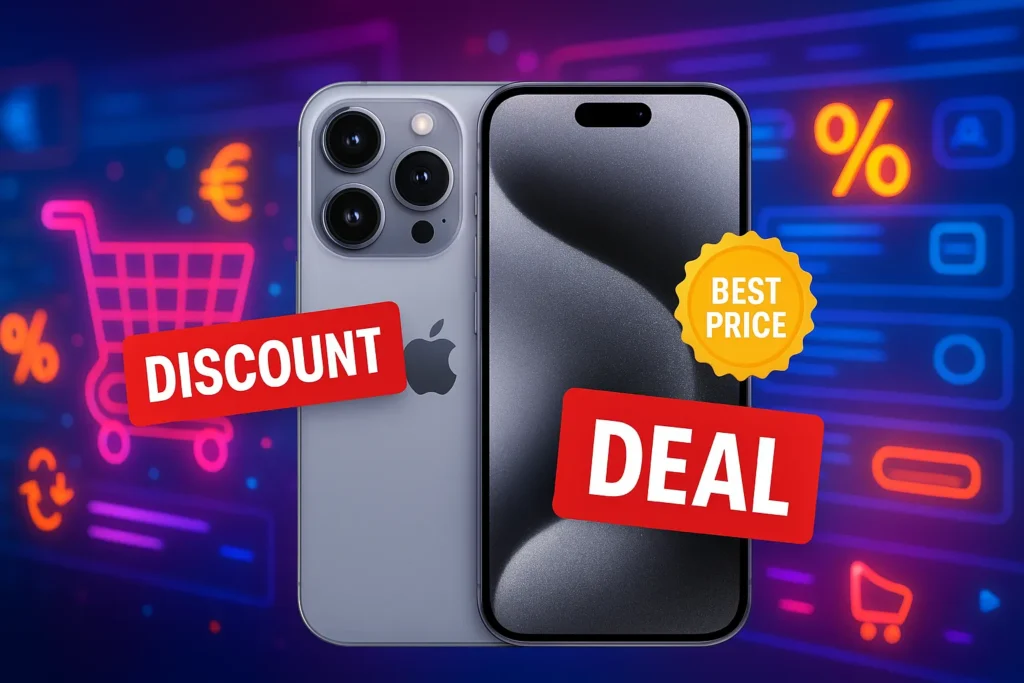APPLE IPHONE 15 PRO nel 2025 – Ha ancora senso? Offerte, innovazioni e consigli 2 iPhone 15 Pro and “discount” “deal” tags highlighted on a digital marketplace background
