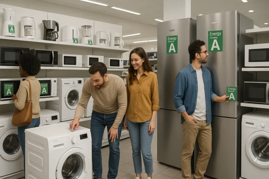 negozio di elettrodomestici con clienti che scelgono prodotti di classe energetica alta