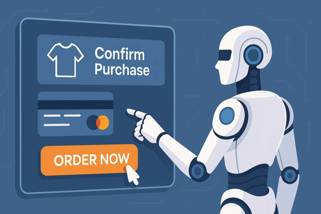 robot umanoide bianco con dettagli blu, carta Mastercard