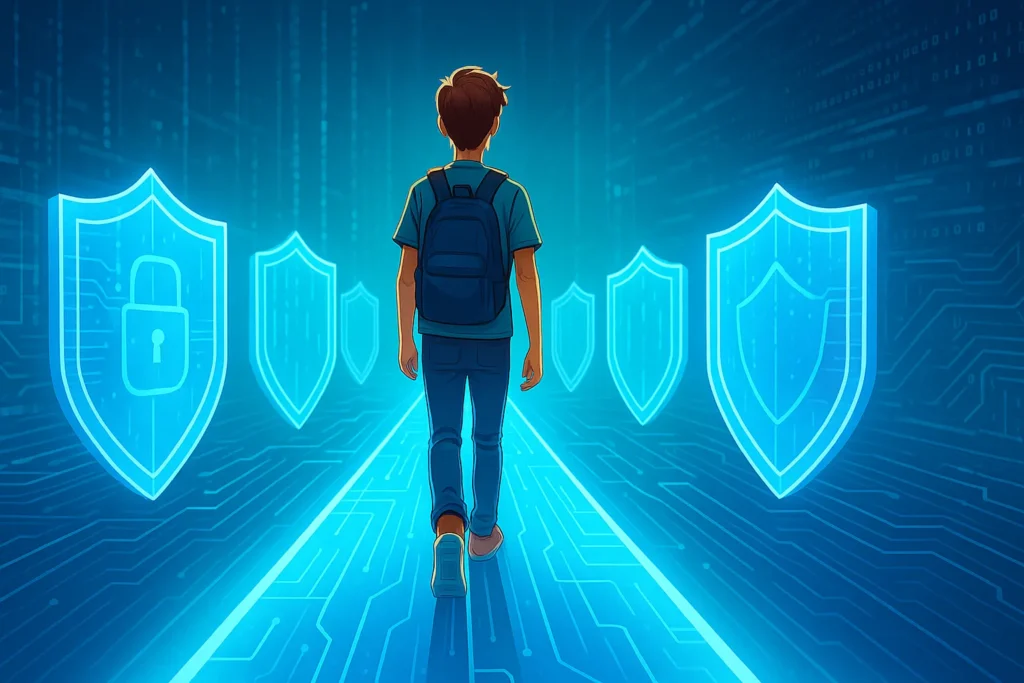 un adolescente cammina su un sentiero digitale luminoso