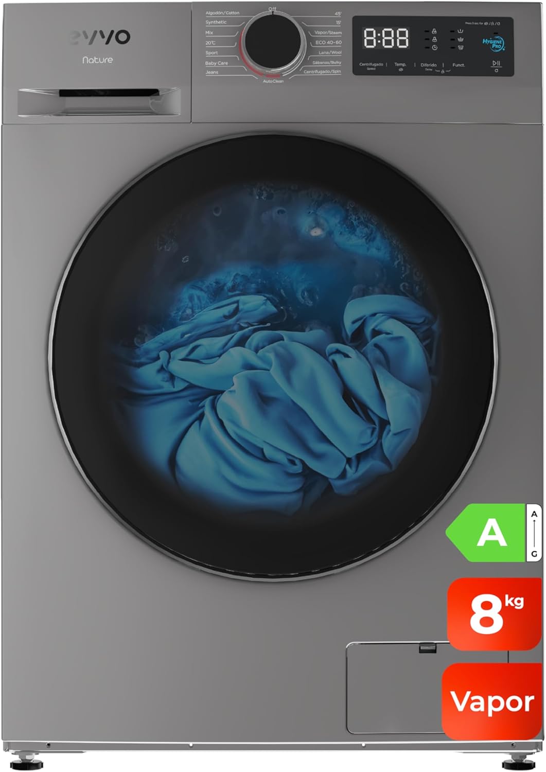 EVVO lavatrice 8 kg Classe A Inox