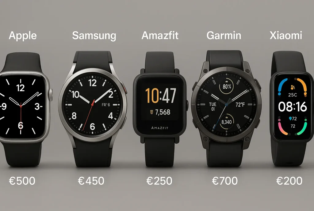 Come scegliere uno smartwatch nel 2025 10 Cinque smartwatch top del 2025 affiancati