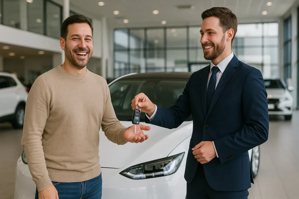 Bonus Veicoli Elettrici 2025: Incentivi fino a 11.000 Euro per Privati e Microimprese 5 Cliente soddisfatto che riceve le chiavi di una nuova auto elettrica