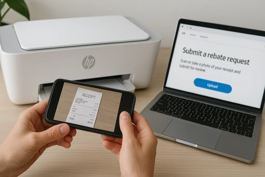 Cashback Stampante HP: Guida Completa per Risparmiare con le Offerte Autunno 2025 3 Dettaglio di mani che scansionano un scontrino accanto a una stampante HP DeskJet