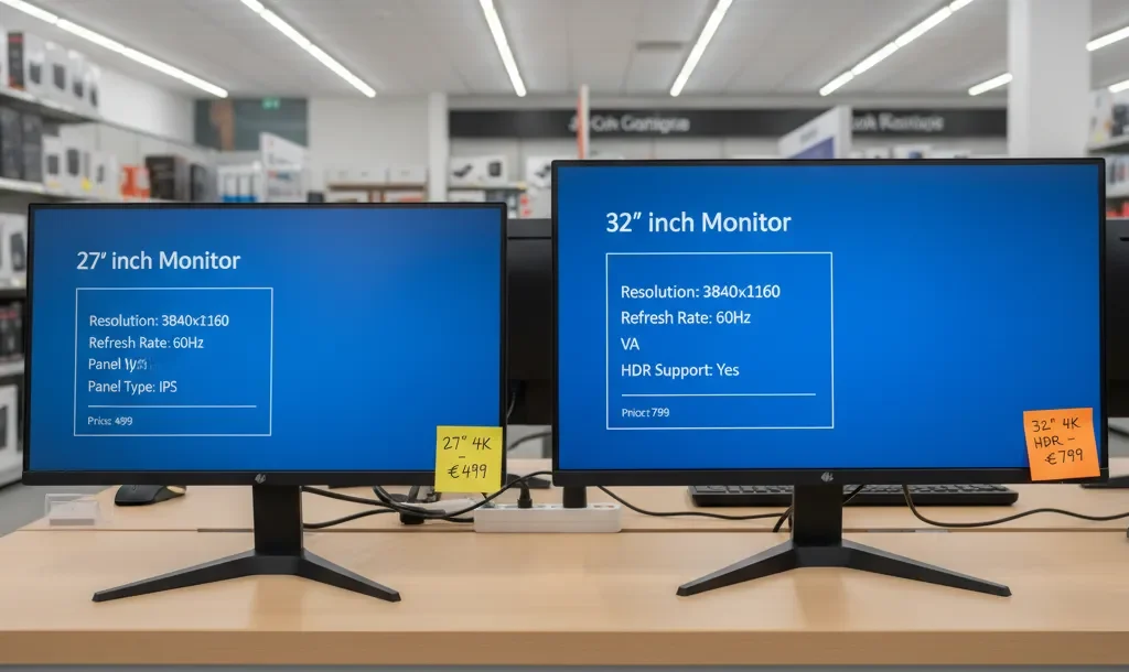 Due monitor 4K a confronto su un tavolo, uno da 27 pollici e uno da 32 pollici