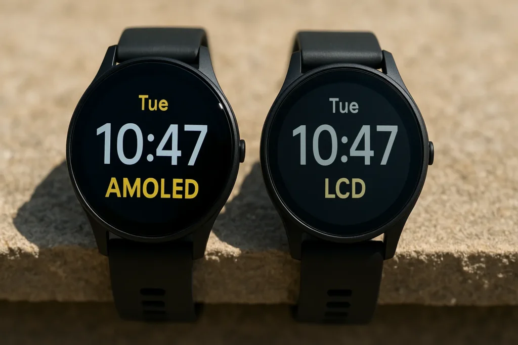 Come scegliere uno smartwatch nel 2025 3 Due smartwatch vicini, uno con schermo AMOLED brillante e uno LCD