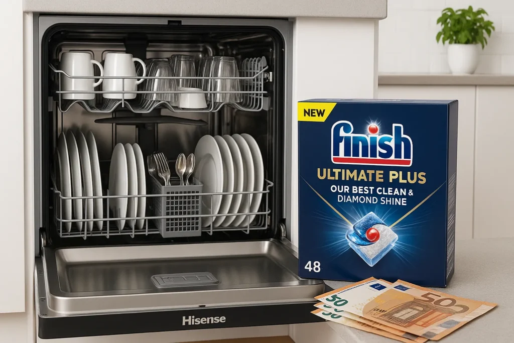 Cashback Hisense END OF THE YEAR: Risparmia Fino a 100€ e Ricevi Capsule Finish in Omaggio 4 Hisense dishwasher open door with clean dishes inside, box of 48 Finish Ultimate Plus capsules