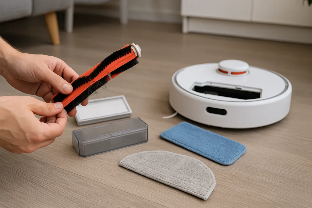 Mani che puliscono spazzole di robot aspirapolvere